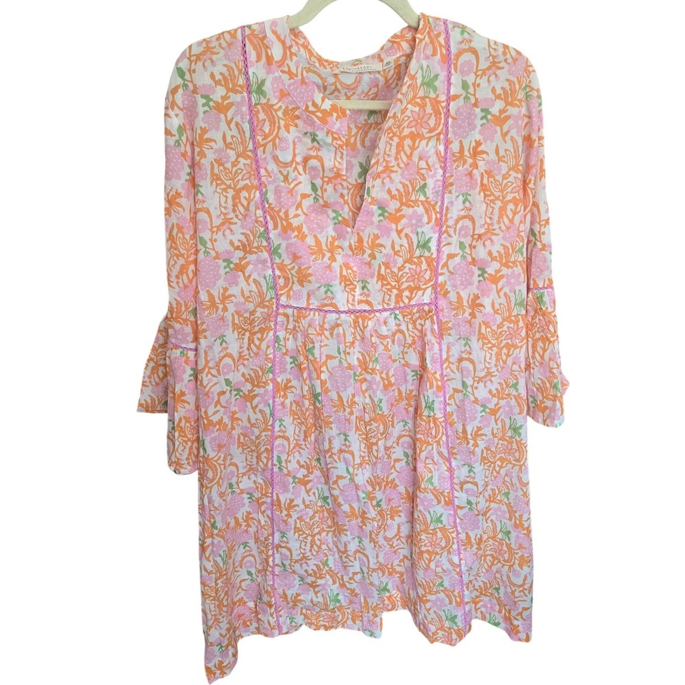 BluThreads Rockflowerpaper Dress Beach CoverUp Cotton Pink Floral Bell Sleeve XL